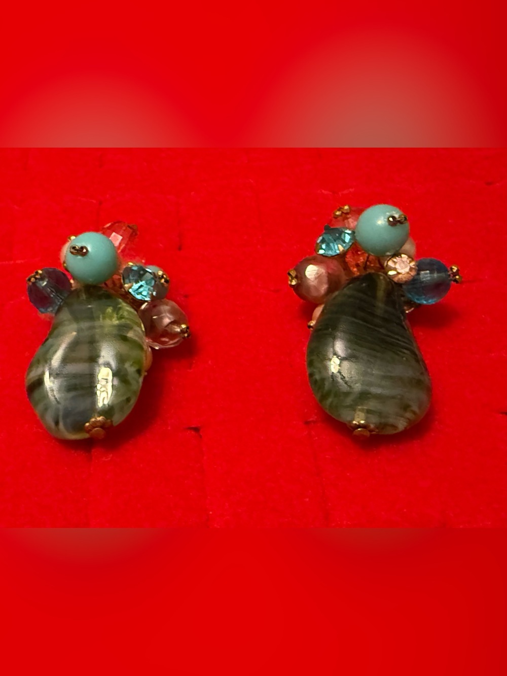 Vintage Haskell? Green Teardrop Cluster Earrings with Aqua Accents